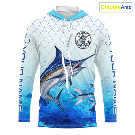 Custom Marlin Fishing Shirt Long Sleeve Hooded, Personalized Marlin Fishing Jersey For Men NHT1500