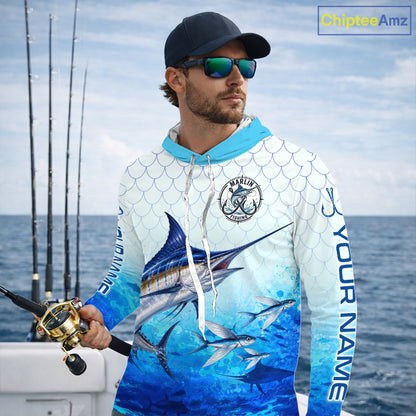 Custom Marlin Fishing Shirt Long Sleeve Hooded, Personalized Marlin Fishing Jersey For Men NHT1500