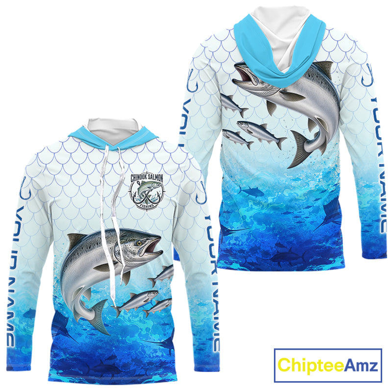 Custom Chinook Salmon Fishing Shirt Long Sleeve Hooded, Personalized Salmon Fishing Jersey For Men NHT1501