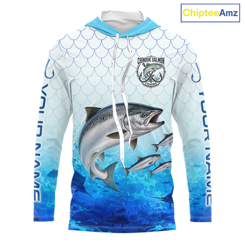 Custom Chinook Salmon Fishing Shirt Long Sleeve Hooded, Personalized Salmon Fishing Jersey For Men NHT1501