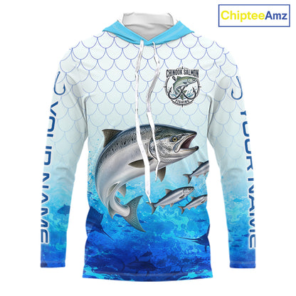 Custom Chinook Salmon Fishing Shirt Long Sleeve Hooded, Personalized Salmon Fishing Jersey For Men NHT1501