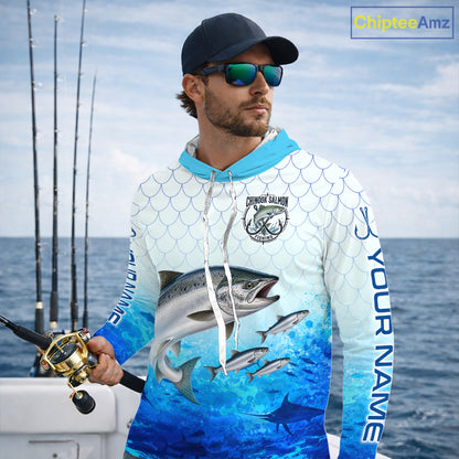 Custom Chinook Salmon Fishing Shirt Long Sleeve Hooded, Personalized Salmon Fishing Jersey For Men NHT1501