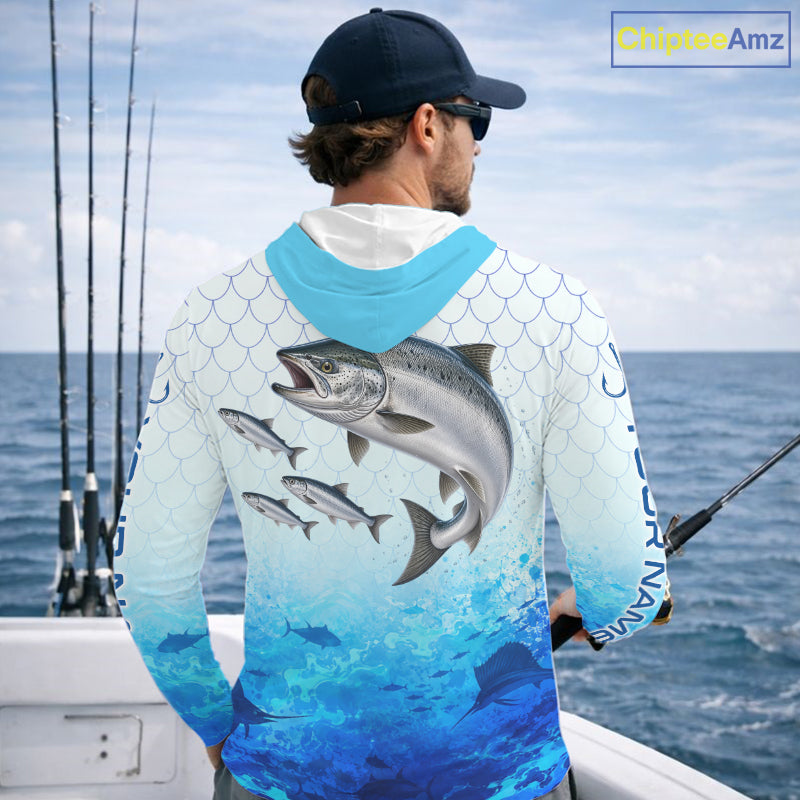 Custom Chinook Salmon Fishing Shirt Long Sleeve Hooded, Personalized Salmon Fishing Jersey For Men NHT1501