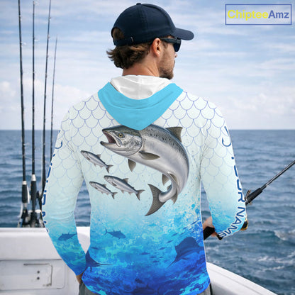 Custom Chinook Salmon Fishing Shirt Long Sleeve Hooded, Personalized Salmon Fishing Jersey For Men NHT1501