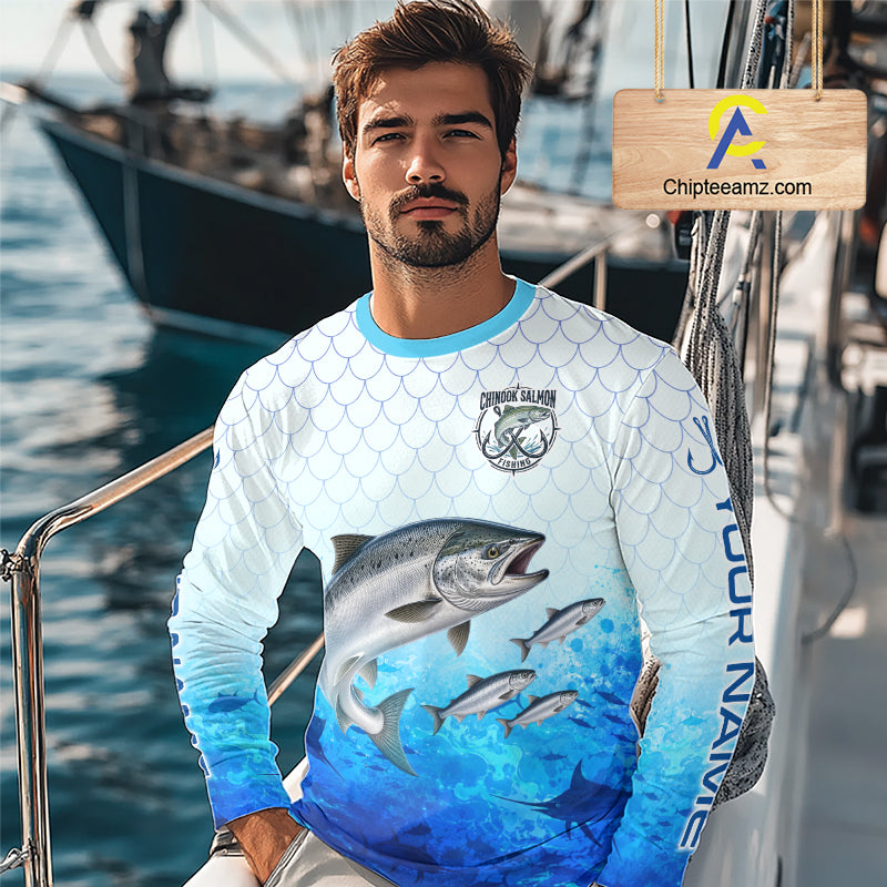 Custom Chinook Salmon Fishing Shirt Long Sleeve, Personalized Salmon Fishing Jersey For Men NHT1501