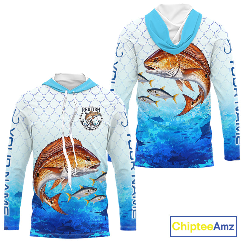 Custom Redfish Fishing Shirt Long Sleeve Hooded, Personalized Red Drum Fishing Jersey For Men NHT1502
