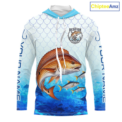Custom Redfish Fishing Shirt Long Sleeve Hooded, Personalized Red Drum Fishing Jersey For Men NHT1502