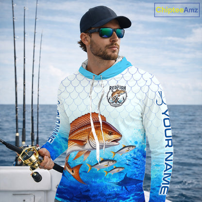 Custom Redfish Fishing Shirt Long Sleeve Hooded, Personalized Red Drum Fishing Jersey For Men NHT1502