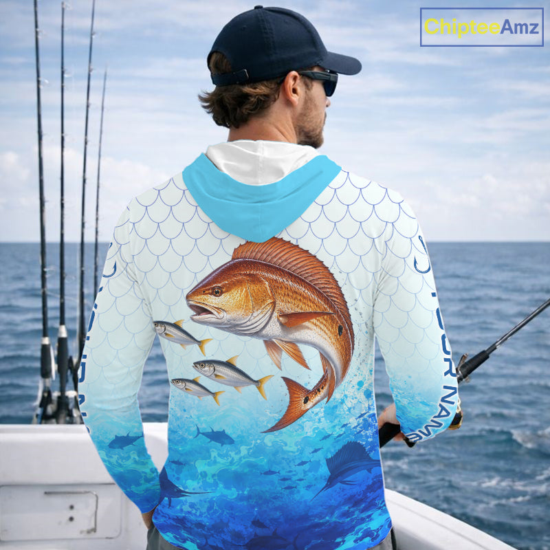 Custom Redfish Fishing Shirt Long Sleeve Hooded, Personalized Red Drum Fishing Jersey For Men NHT1502
