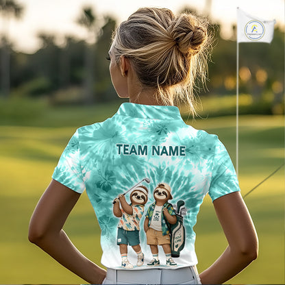 Funny Sloth Golf Polo Shirt For Womens –  Blue Tie Dye Custom Name Golf Shirt, Golf Gift NHT880