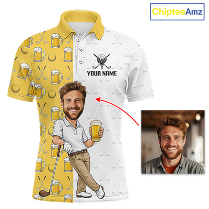Custom Golf Polo With Face Funny Golfer Beer Lover Gift For Men|Yellow 