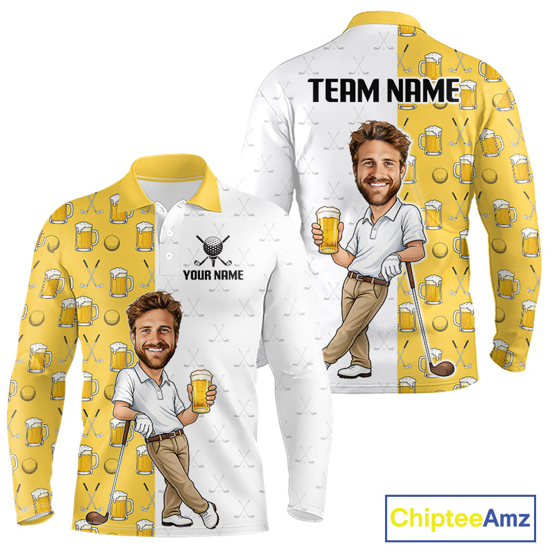Custom Golf Polo With Face Funny Golfer Beer Lover Gift For Men|Yellow 