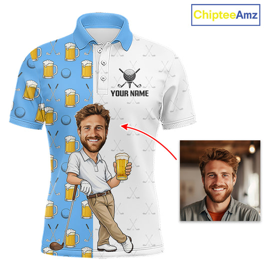 Custom Golf Polo With Face Funny Golfer Beer Lover Gift For Men|Blue 