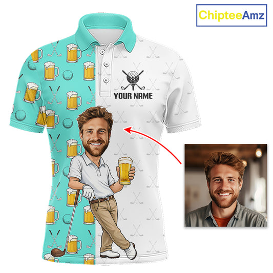 Custom Golf Polo With Face Funny Golfer Beer Lover Gift For Men|Turquoise 
