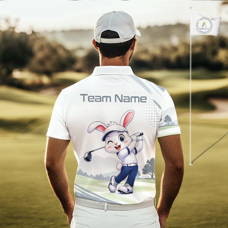 Person wearing a white polo shirt with a cartoon character and 'Team Name' text on a golf course.