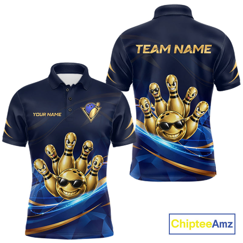Gold Bowling Pins Ball Sunglasses Polo Shirt For Men Custom Navy Blue Team Tournament Jersey NHT1672