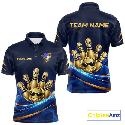 Gold Bowling Pins Ball Sunglasses Polo Shirt For Men Custom Navy Blue Team Tournament Jersey NHT1672