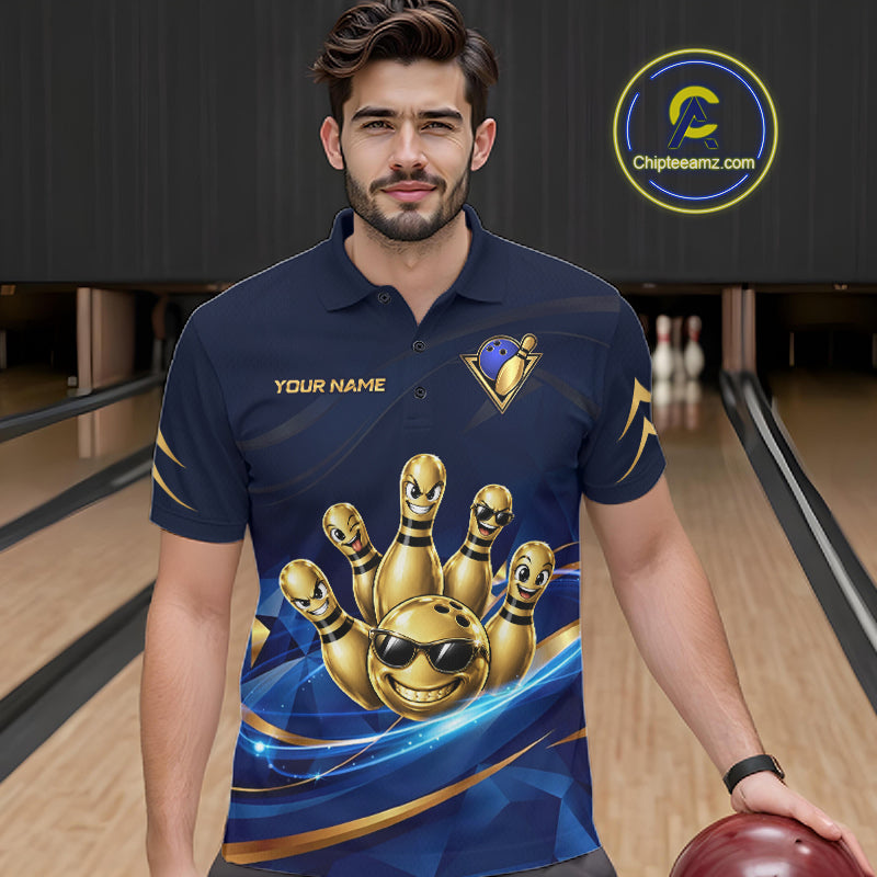 Gold Bowling Pins Ball Sunglasses Polo Shirt For Men Custom Navy Blue Team Tournament Jersey NHT1672