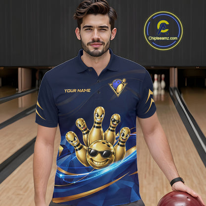 Gold Bowling Pins Ball Sunglasses Polo Shirt For Men Custom Navy Blue Team Tournament Jersey NHT1672
