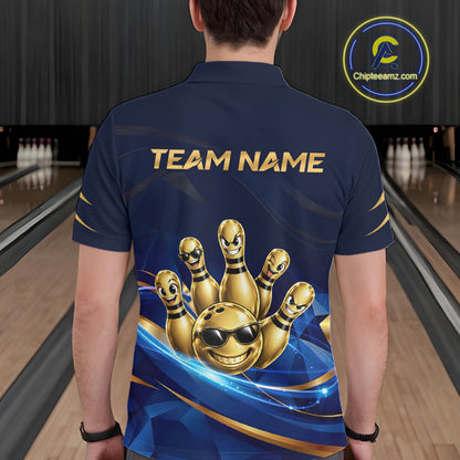 Gold Bowling Pins Ball Sunglasses Polo Shirt For Men Custom Navy Blue Team Tournament Jersey NHT1672