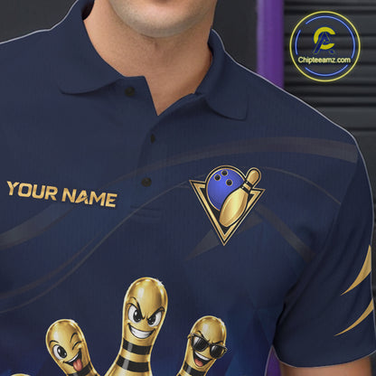 Gold Bowling Pins Ball Sunglasses Polo Shirt For Men Custom Navy Blue Team Tournament Jersey NHT1672