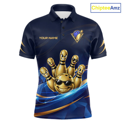 Gold Bowling Pins Ball Sunglasses Polo Shirt For Men Custom Navy Blue Team Tournament Jersey NHT1672