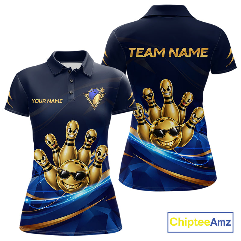 Gold Bowling Pins Ball Sunglasses Polo Shirt For Women Custom Navy Blue Team Tournament Jersey NHT1672