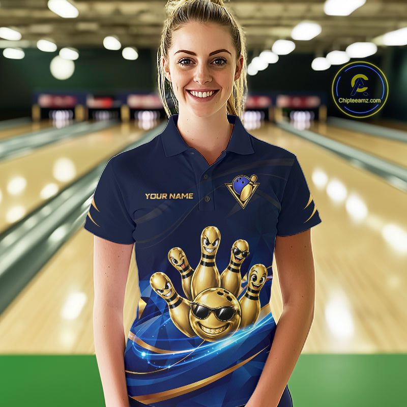 Gold Bowling Pins Ball Sunglasses Polo Shirt For Women Custom Navy Blue Team Tournament Jersey NHT1672