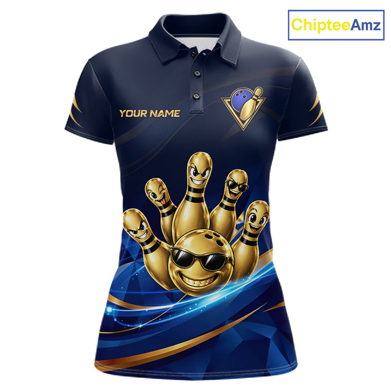 Gold Bowling Pins Ball Sunglasses Polo Shirt For Women Custom Navy Blue Team Tournament Jersey NHT1672