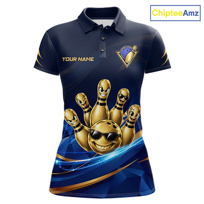 Gold Bowling Pins Ball Sunglasses Polo Shirt For Women Custom Navy Blue Team Tournament Jersey NHT1672