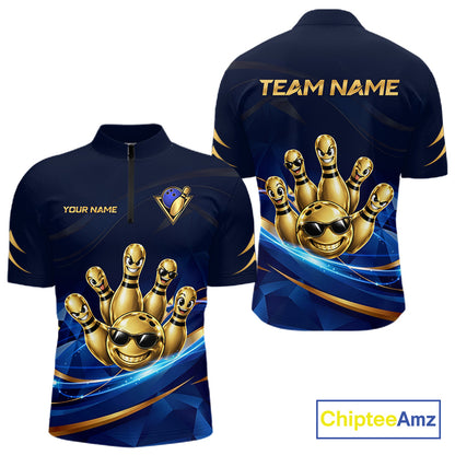 Gold Bowling Pins Ball Sunglasses Polo Shirt For Men Custom Navy Blue Team Tournament Jersey NHT1672