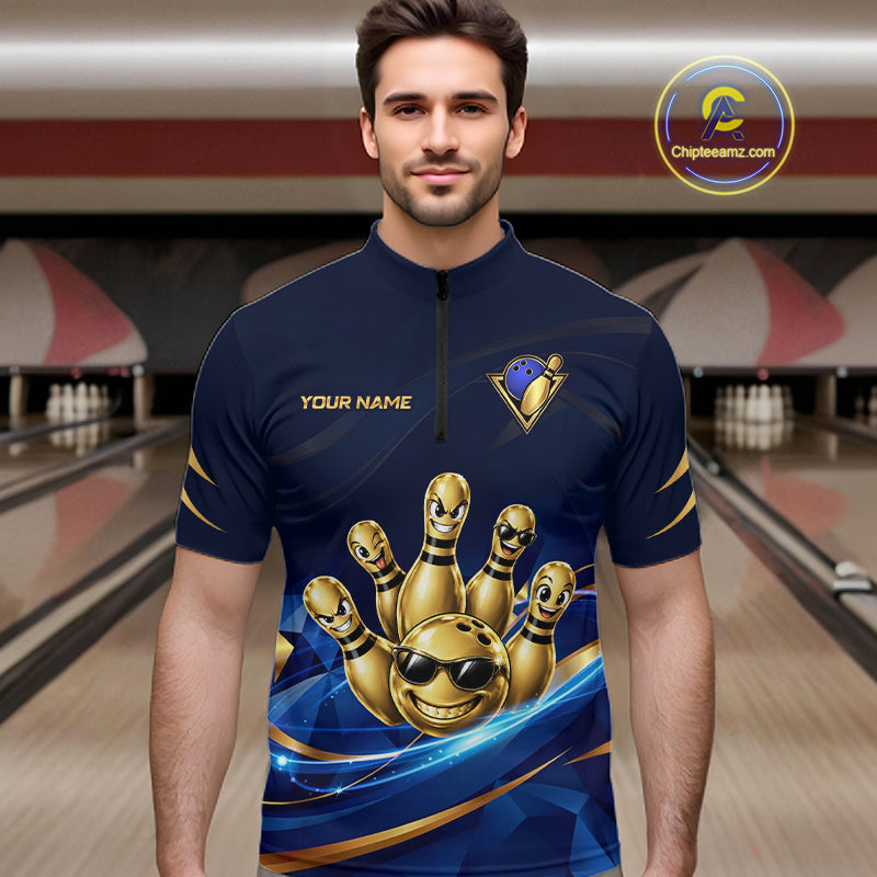 Gold Bowling Pins Ball Sunglasses Polo Shirt For Men Custom Navy Blue Team Tournament Jersey NHT1672
