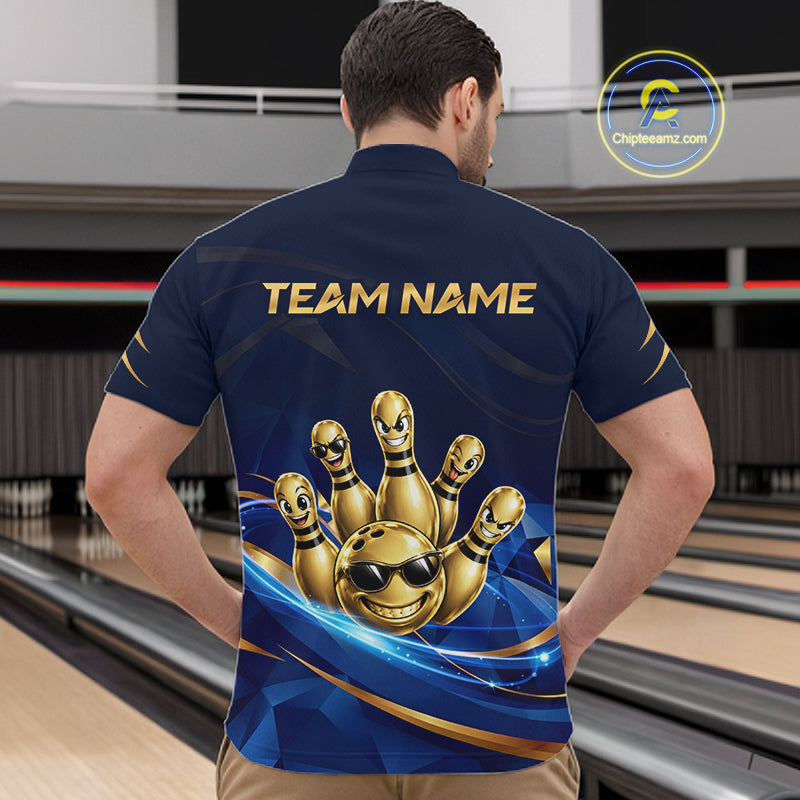 Gold Bowling Pins Ball Sunglasses Polo Shirt For Men Custom Navy Blue Team Tournament Jersey NHT1672