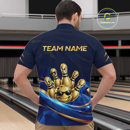 Gold Bowling Pins Ball Sunglasses Polo Shirt For Men Custom Navy Blue Team Tournament Jersey NHT1672