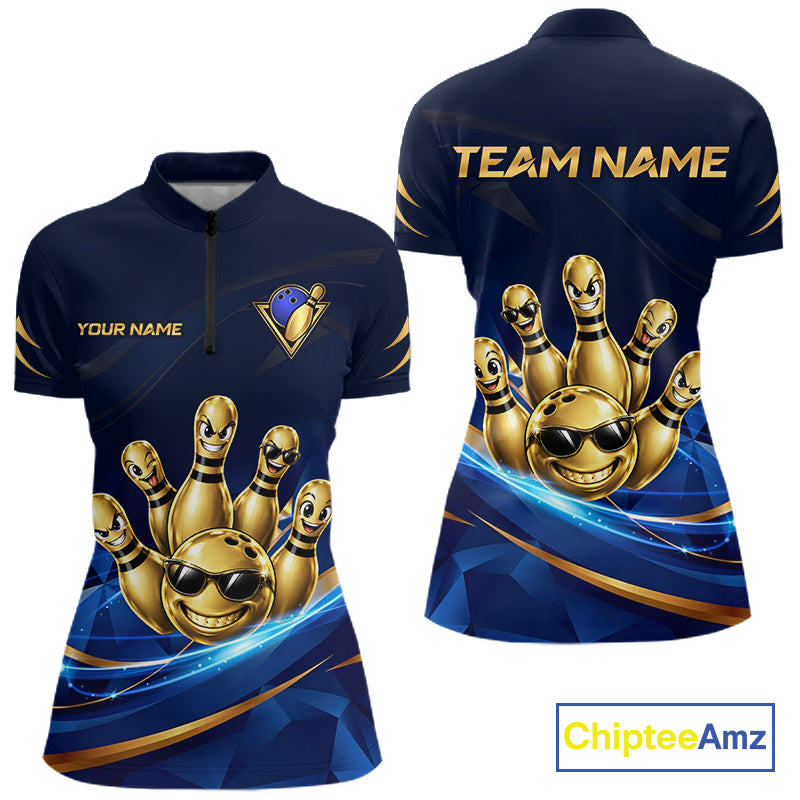 Gold Bowling Pins Ball Sunglasses Polo Shirt For Women Custom Navy Blue Team Tournament Jersey NHT1672