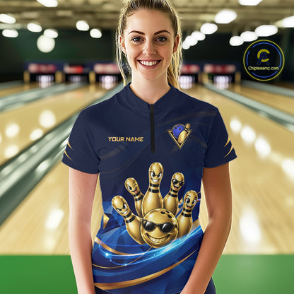 Gold Bowling Pins Ball Sunglasses Polo Shirt For Women Custom Navy Blue Team Tournament Jersey NHT1672