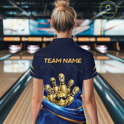 Gold Bowling Pins Ball Sunglasses Polo Shirt For Women Custom Navy Blue Team Tournament Jersey NHT1672
