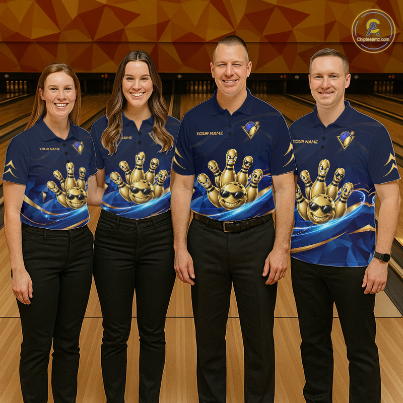 Gold Bowling Pins Ball Sunglasses Polo Shirt For Men Custom Navy Blue Team Tournament Jersey NHT1672