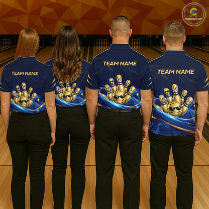 Gold Bowling Pins Ball Sunglasses Polo Shirt For Men Custom Navy Blue Team Tournament Jersey NHT1672