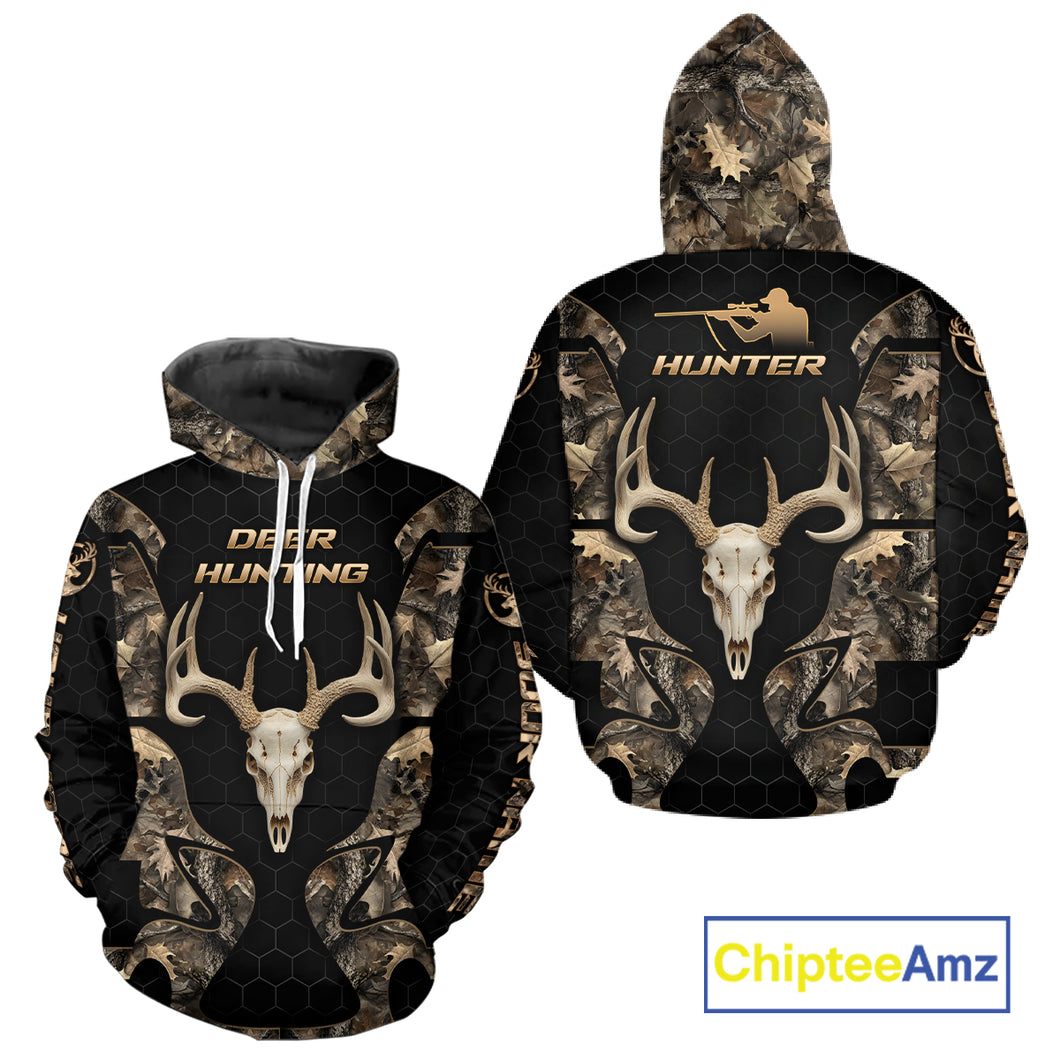 Skull Deer Hunting Custom Name Brown Camo Shirt, Hunting Hoodie For Hunters NHT348