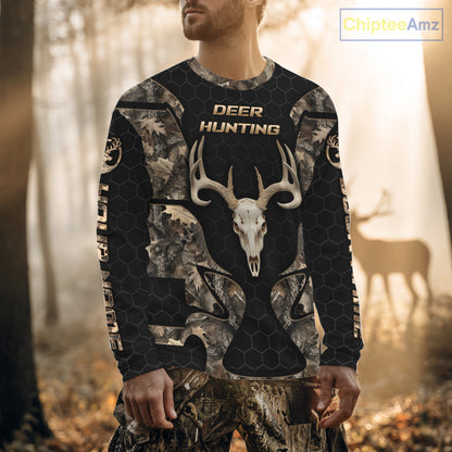 Skull Deer Hunting Custom Name Brown Camo Shirt, Hunting Hoodie For Hunters NHT348