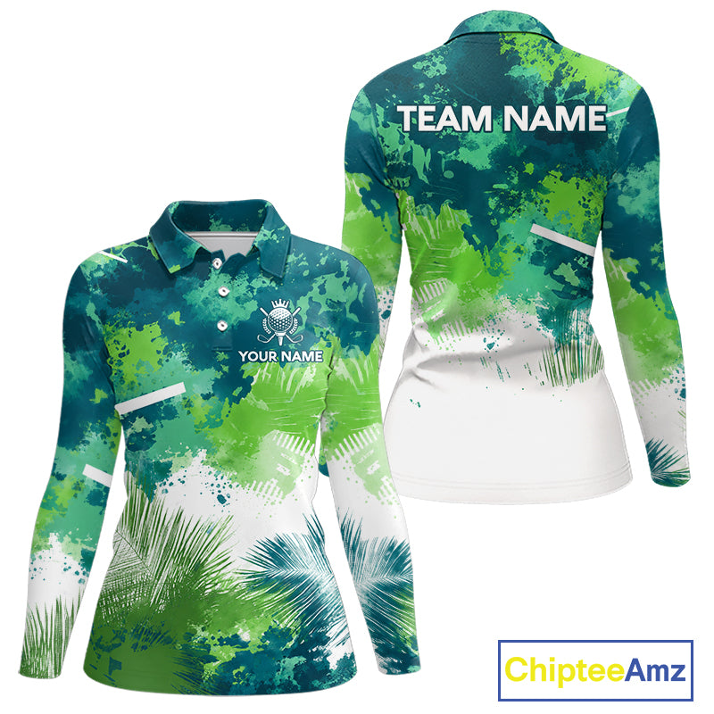 Green Tropical Splash Custom Golf Polo Shirt – Personalized Team Name Performance Polo Tee For Women NHT894
