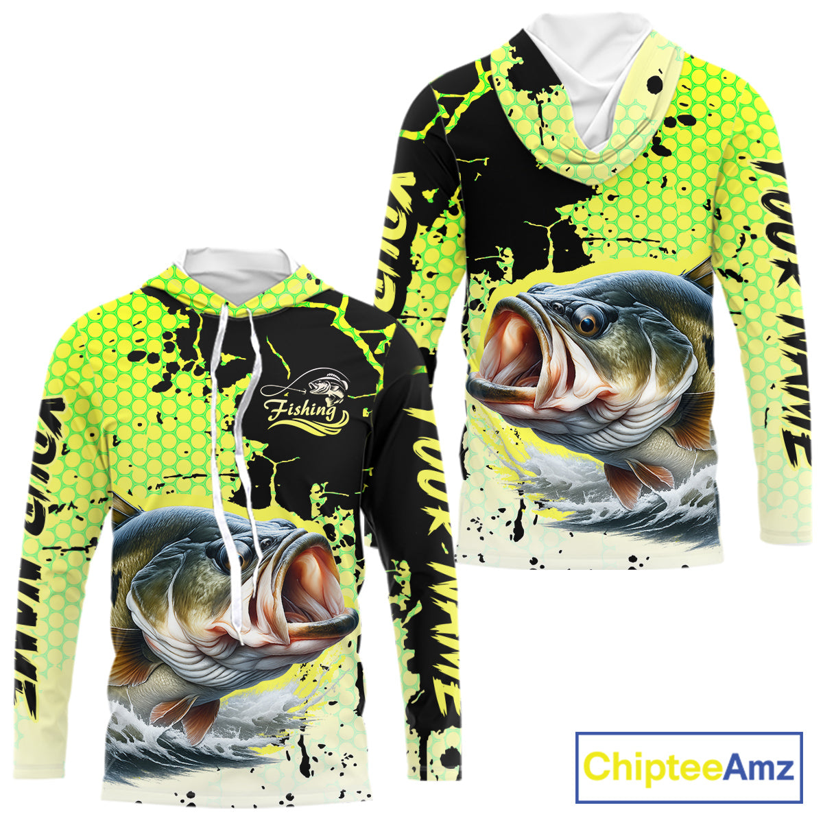 Largemouth Bass Fishing Shirts Long Sleeve Hooded Custom Bass Fishing Apparel NHT406