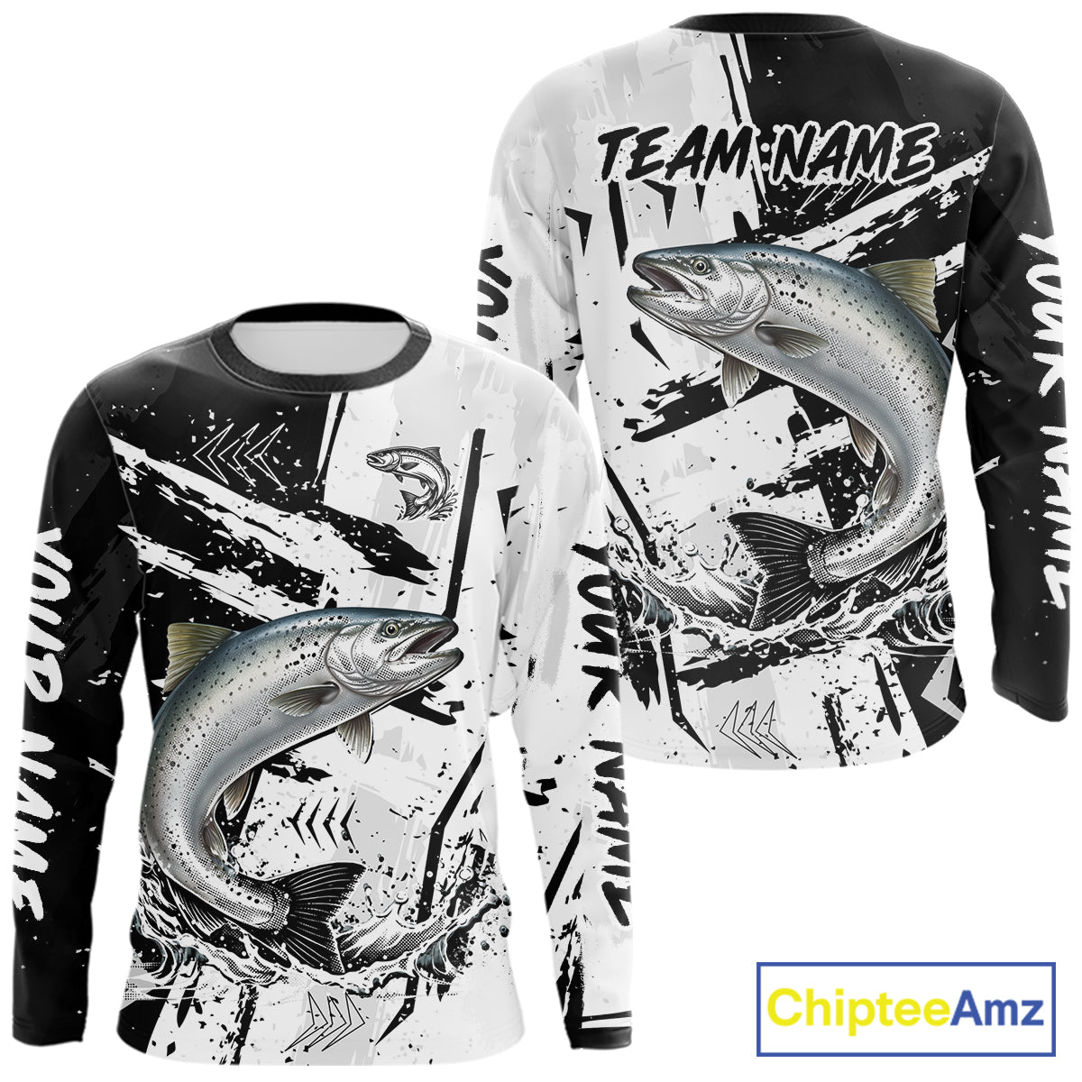Chinook Salmon (King Salmon) Fishing Black White Camo Performance Fishing Shirts NHT462