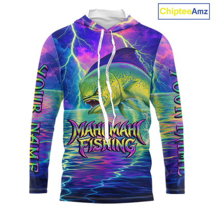 Angry Mahi Mahi Custom Hooded Fishing Shirts Long Sleeve, Design Neon Mahi Mahi Fishing Jersey NHT533