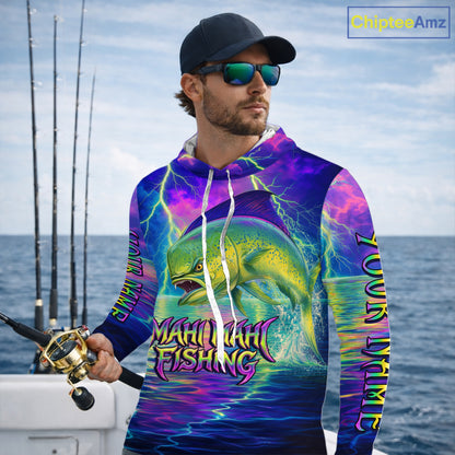 Angry Mahi Mahi Custom Hooded Fishing Shirts Long Sleeve, Design Neon Mahi Mahi Fishing Jersey NHT533