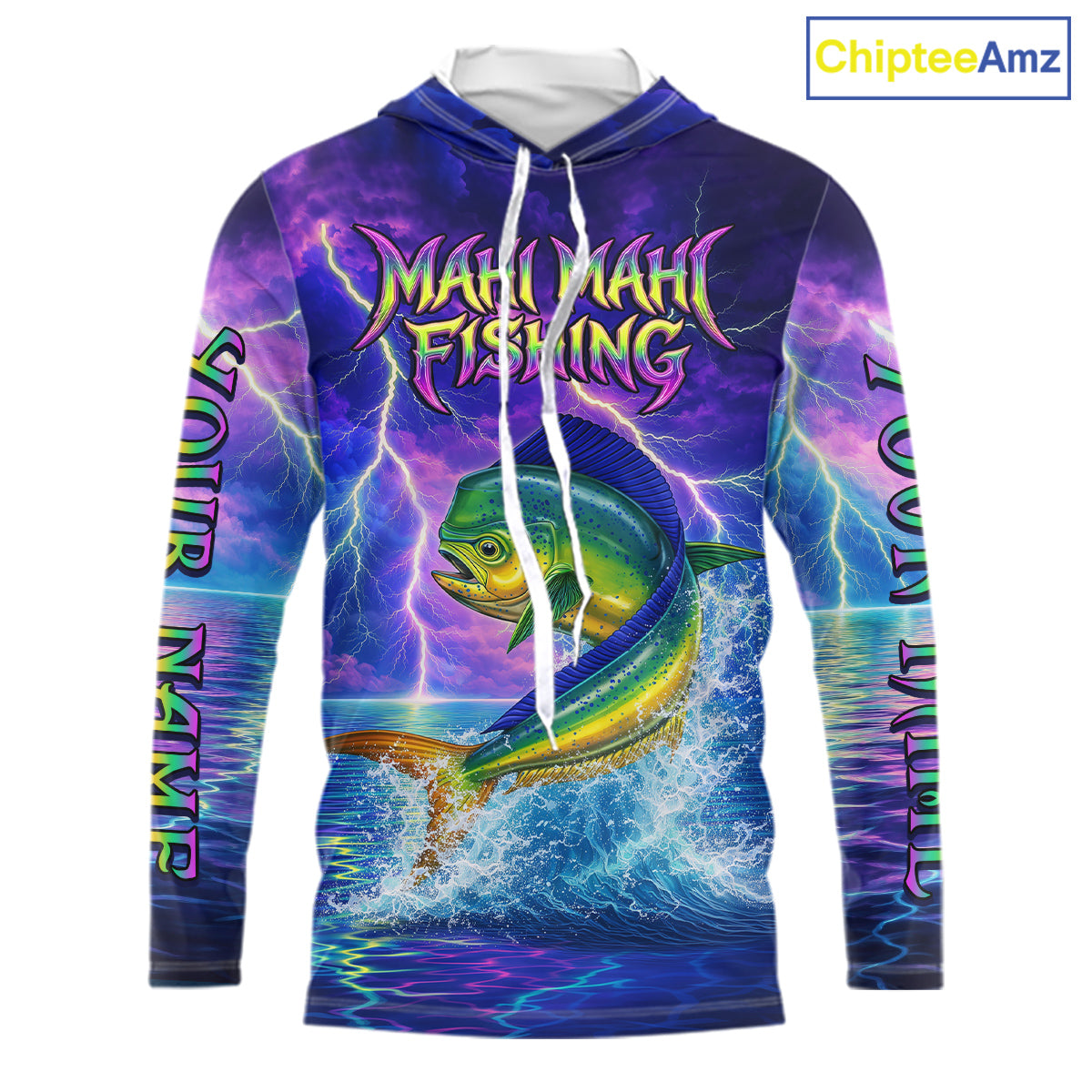 Custom Neon Pattern Mahi Mahi Hooded Fishing Shirts Long Sleeve, Fishing Shirt Jersey NHT534