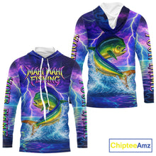 Load image into Gallery viewer, Custom Neon Pattern Mahi Mahi Hooded Fishing Shirts Long Sleeve, Fishing Shirt Jersey NHT534