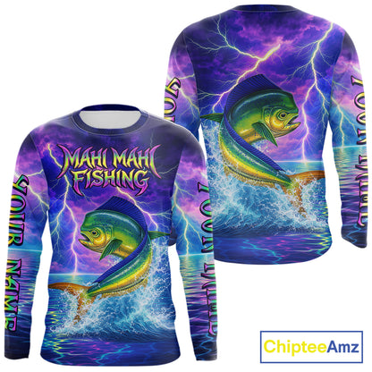 Custom Neon Pattern Mahi Mahi Fishing Shirts Long Sleeve, Fishing Shirt Jersey NHT534
