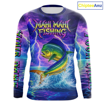 Custom Neon Pattern Mahi Mahi Fishing Shirts Long Sleeve, Fishing Shirt Jersey NHT534